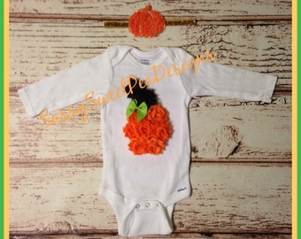 Pumpkin Onesie with Matching Pumpkin Headband...Pumpkin Headband.My First Halloween Gift Set.. Newborn, Baby Photo Prop