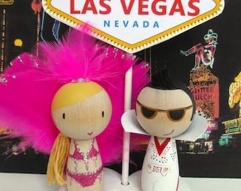 Las Vegas Showgirl and Elvis Cake Topper with Las Vegas Heart Sign and Stand - hand painted wooden doll