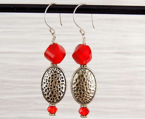 Red Silver Earrings Lipstick Red Earrings by GlobalBeadWorks