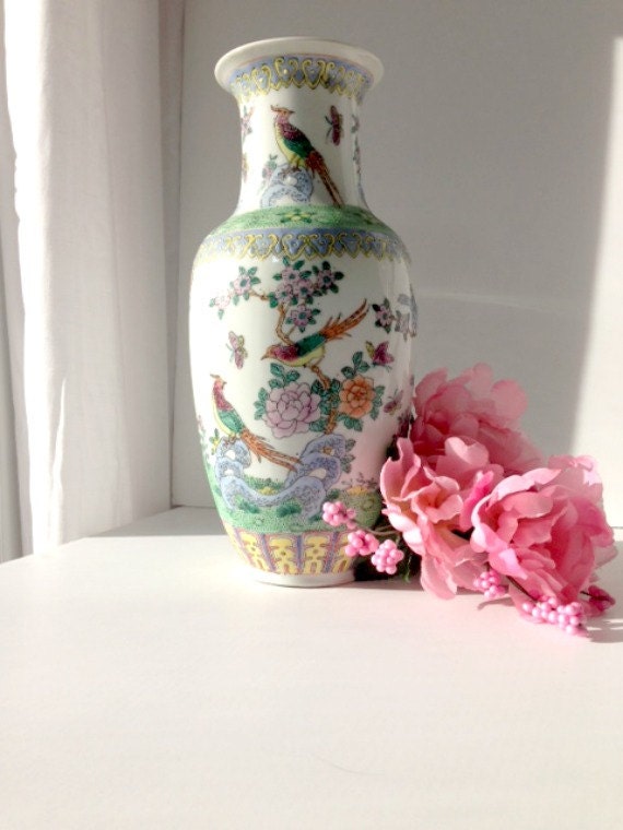 Chinoiserie Vase with Pink Flowers and Exotic Bird Design