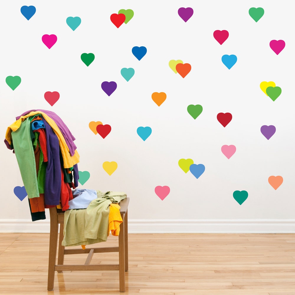 36 Rainbow Hearts Wall Decals Removable and Reusable