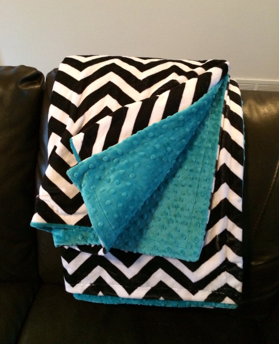 Teal Black and White Minky Blanket Ultra Cuddle Fleece Adult