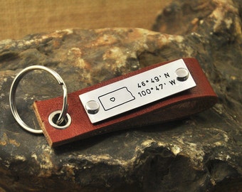 North Dakota key chain latitude Longitude keychain Coordinate key chain state key ring leather map key chain state charm