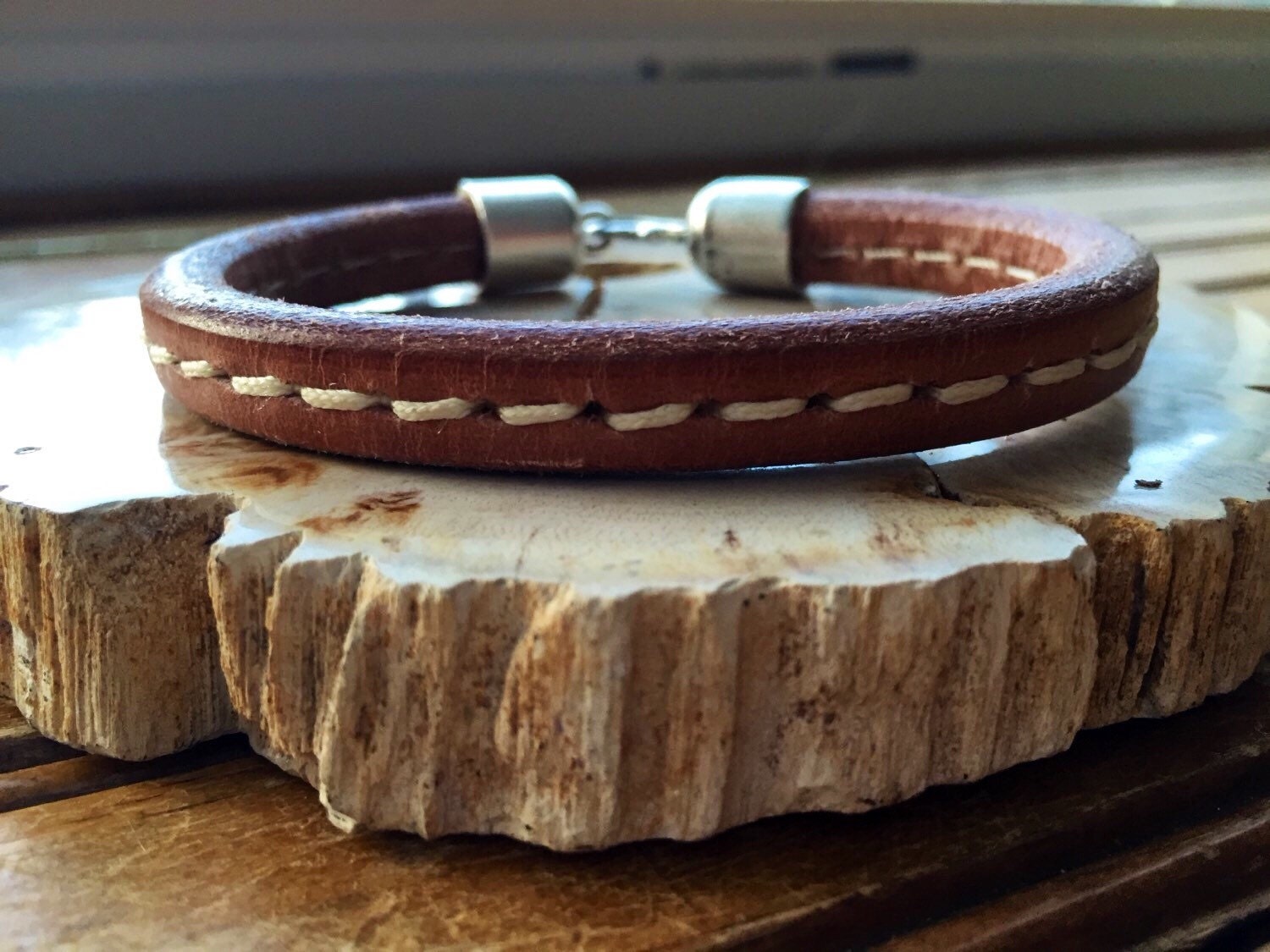 Mens leather bracelet with silver hook clasp mens by IndieLeather