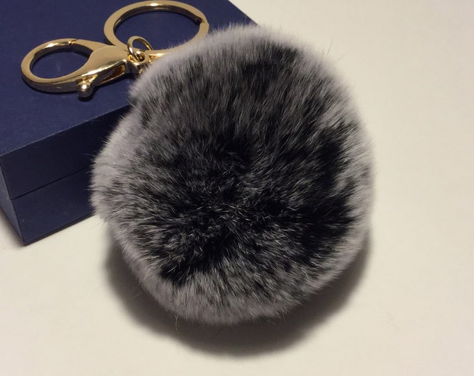 Very Soft Rex Rabbit fur pompon keychain for car key ring Bag Pendant lucky trinket FROSTED BLACK