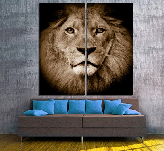 Lion Portrait 2 Panel Split Diptych Canvas Print. Closeup