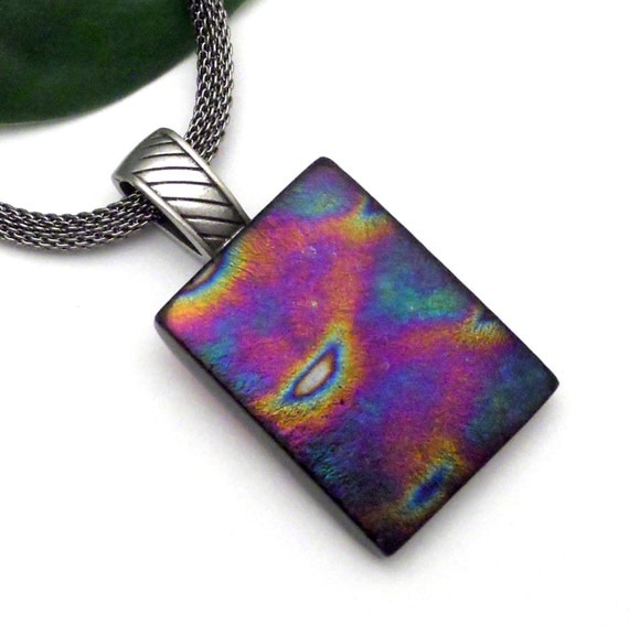 Metallic Iridescent Fused Glass Pendant in Purple, Gold and Teal Green, Gunmetal Necklace