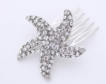 Beach Wedding Hair Accessory, Starfish Comb, Destination Wedding, Bridal Hair Comb, Rhinestone Silver Starfish Comb, Bridesmaid Gift