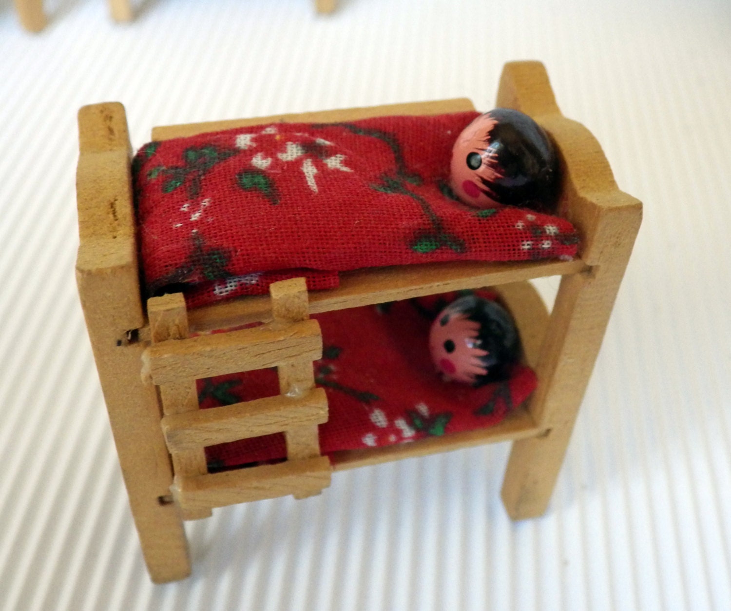 Vintage Miniature Dollhouse Peg Dolls in Wooden Bunk Bed Hand Painted
