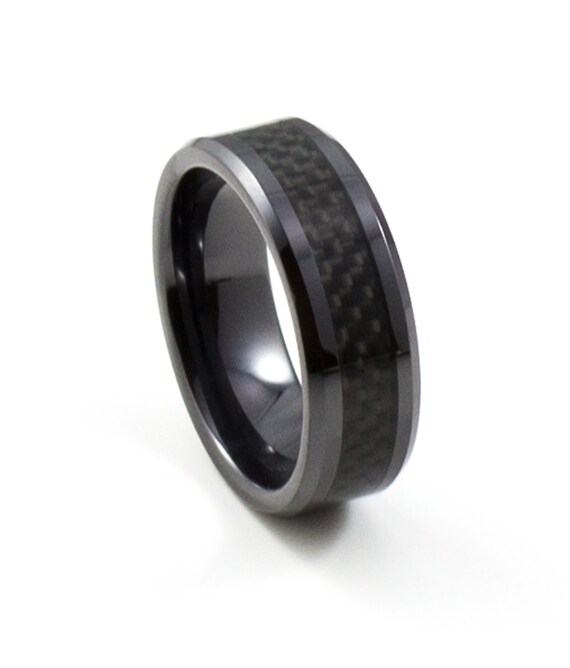 Sleek Black Ceramic Ring with Carbon Fiber Inlay by AlphaTungsten