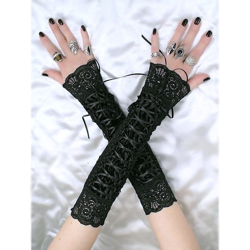 Long Black Lace Fingerless Gloves Arm Warmers In Gothic 9585