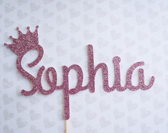 Sparkly Glitter Name Cake Topper with Crown for Birthdays, Baby Showers, Parties