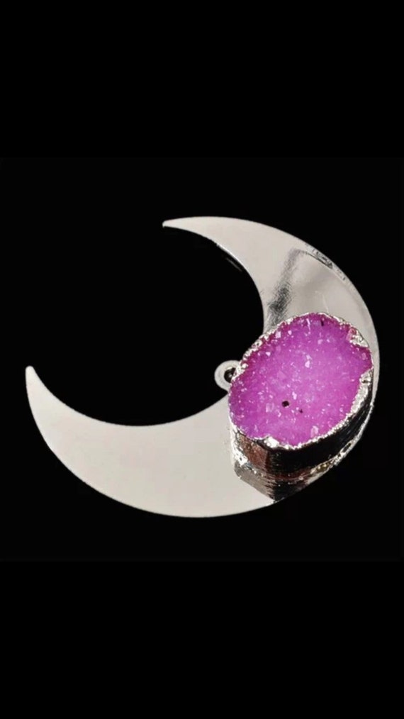 Hot Pink Druzy Pendant Silver Crescent Moon Charm Double