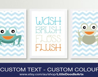 Baby Bathroom Art Print- Frog Chevron Art - Wash Brush Flush- Nursery Bath Decor. Child Bathroom - Animals - Splash
