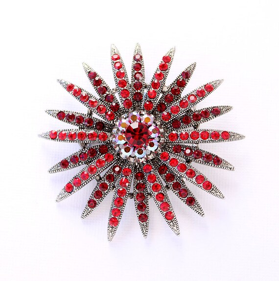 Red Brooch Broach Crystal Silver Ruby Red Starburst Red