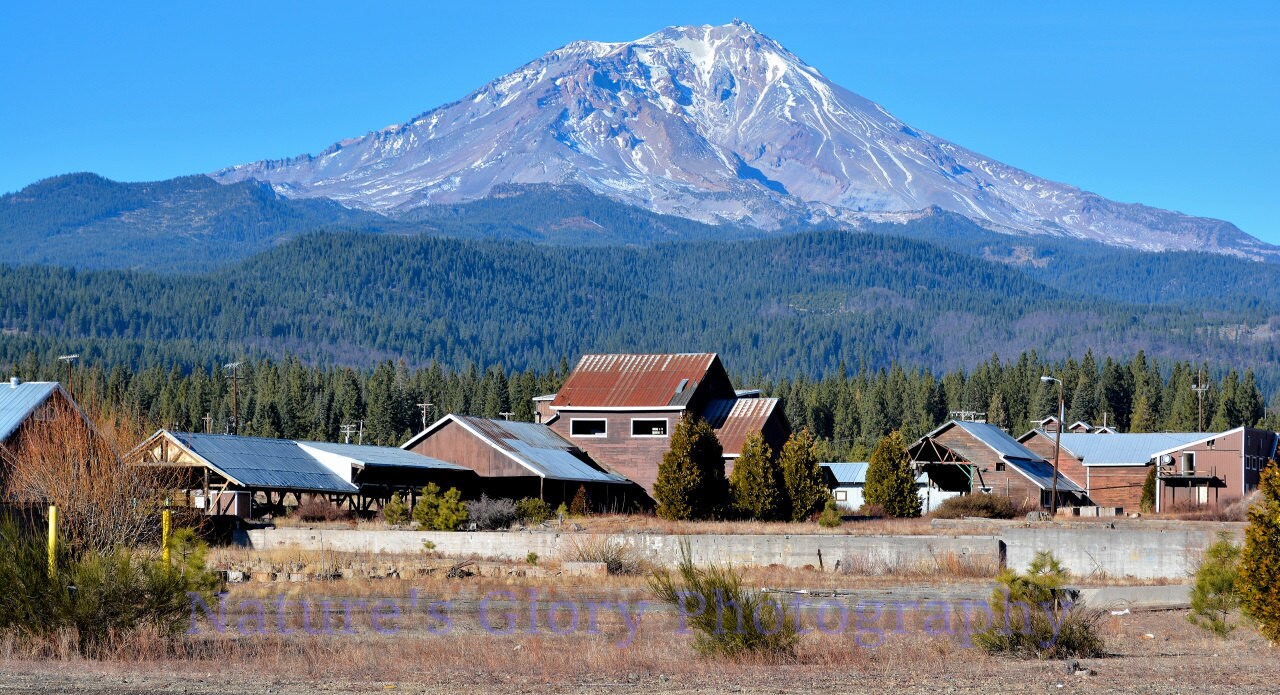 McCloud CA Mill with Mt. Shasta Photo Print by NaturesGloryPhoto