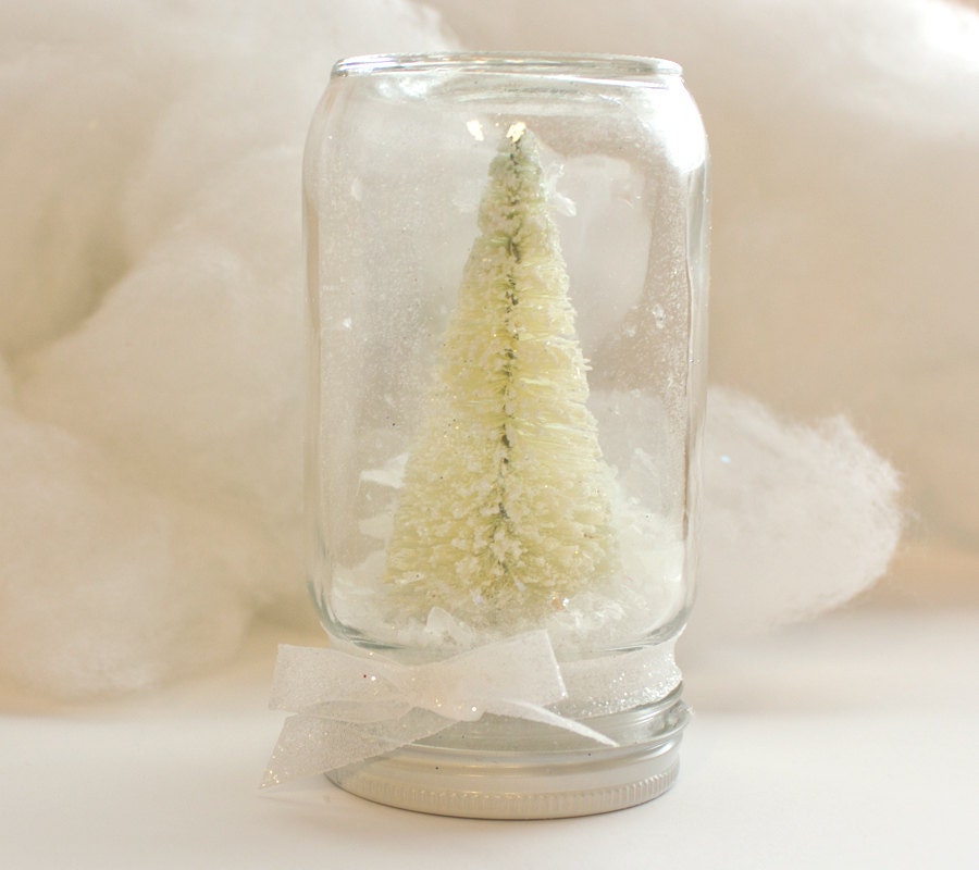 Winter Wonderland Snowglobe Tree Dry Christmas Holiday Decor Half-Pint Small jar waterless white bottlebrush tree