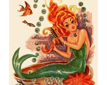 Vintage Retro Mermaid Fabric Block Quilt Print Applique (2)