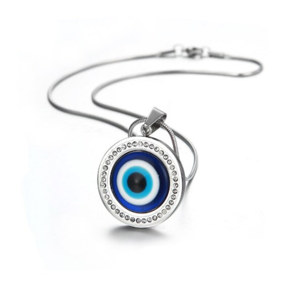 Evil Eye Round Pendant Necklace with Crystals