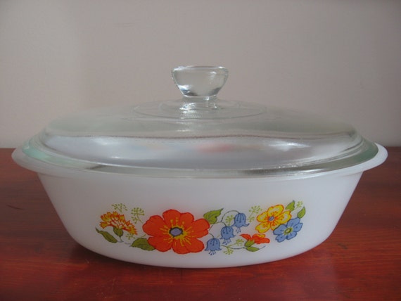 Vintage Glasbake Oval Casserole Dish With Floral Pattern-Made