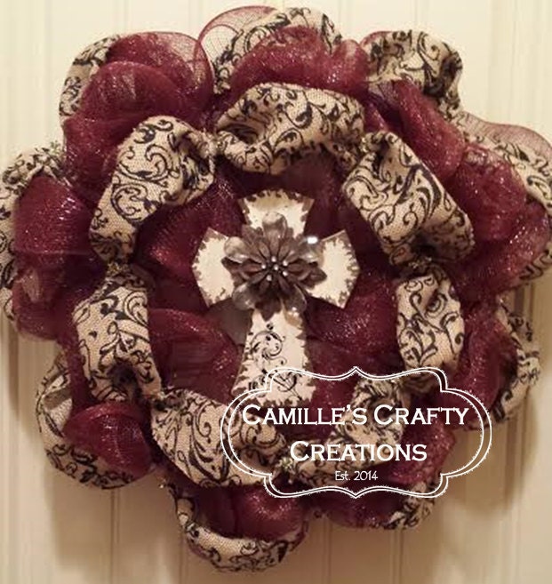 Burgundy Deco and Burlap Wreath