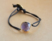 Leather Wrapped Bracelet with Purple Framed Glass Stone, Leather Bracelet, Purple Stone Bracelet, Wrap Bracelet