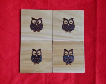 Hand made Coaster Pyrography, Wood burn Owl set of 4