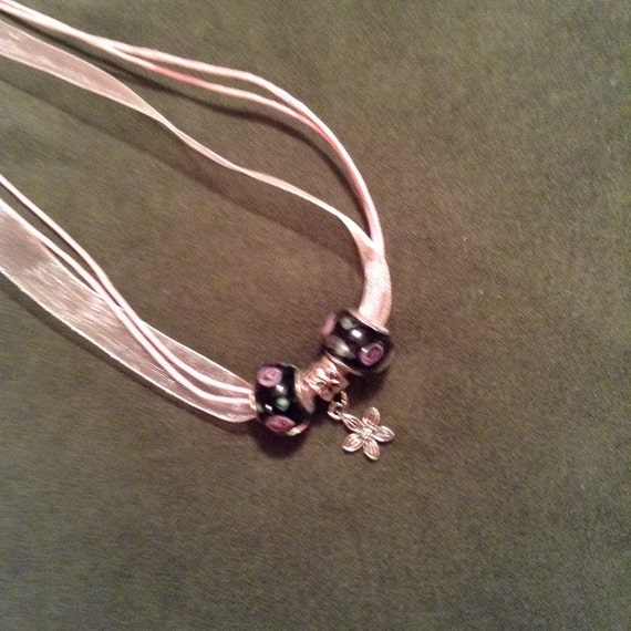 Ribbon necklace with flower charm by FairyMGarden on Etsy