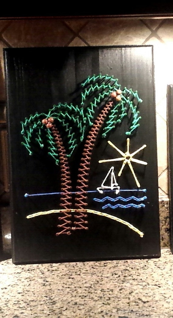 Items similar to Beach Themed String Art with 2 palm trees, sand, ocean