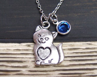 birthstone necklace, cat necklace, long necklace option, silver cat and heart charm , kitty, girls jewelry, little girl gift