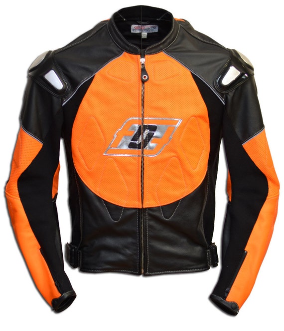 Items similar to Black orange leather jacket, leather motorbike jacket ...