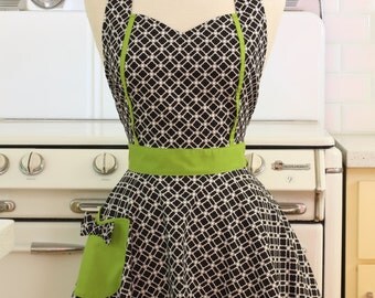 Retro Apron Black and White Deco Tiles with Lime Green MAGGIE
