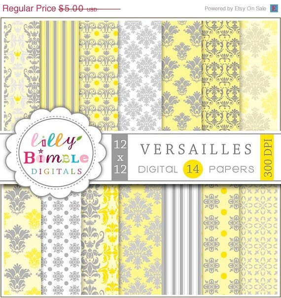 50% off Yellow Gray Digital papers for scrapbooking, invites, cards, photographer backgrounds VERSAILLES download Il_570xn