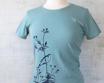 Womens Graphic Tee - Organic Cotton T Shirt - Turquoise Blue T Shirt - Bird on Flower T Shirt Art- Womens Tee Shirt- Organic Cotton Clothing