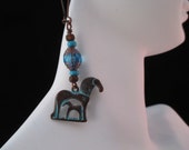 Mare, foal earrings blue green Greek Mykonos casting horse, colt; tribal rustic ancient; Czech glass blue copper patina 3d equine jewelry