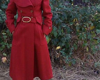 Vintage red wool coat, retro outerwear, womens red vintage coat, long wool coat, red coat, womens retro coat, 50s coat