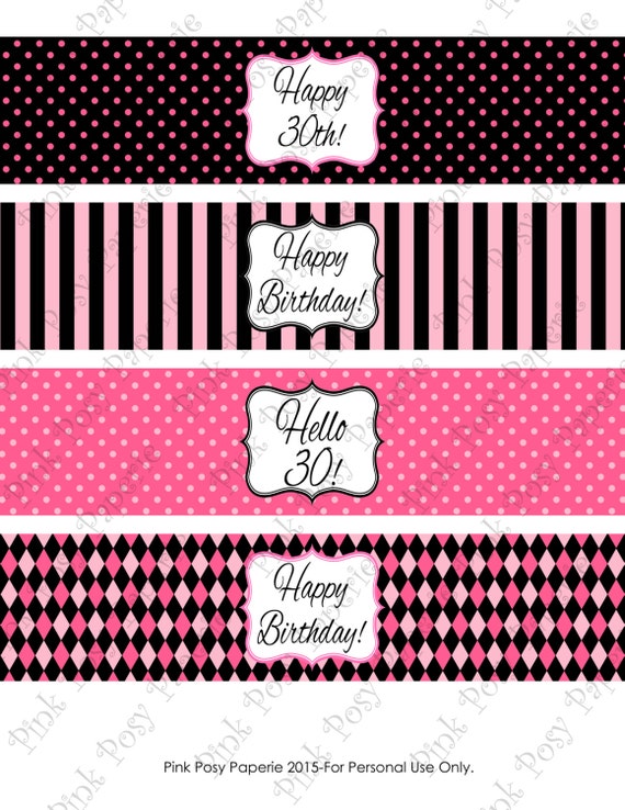 Printable 30th Birthday Pink and Black Water Bottle Wrappers