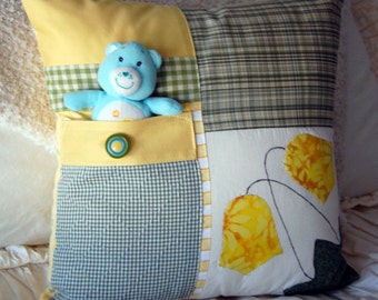 Make a Wish Care Bear Toy Pocket Pillow / tooth fairy pillow / nursery pillow bedding / toddler pillow / yellow and green nursery decor