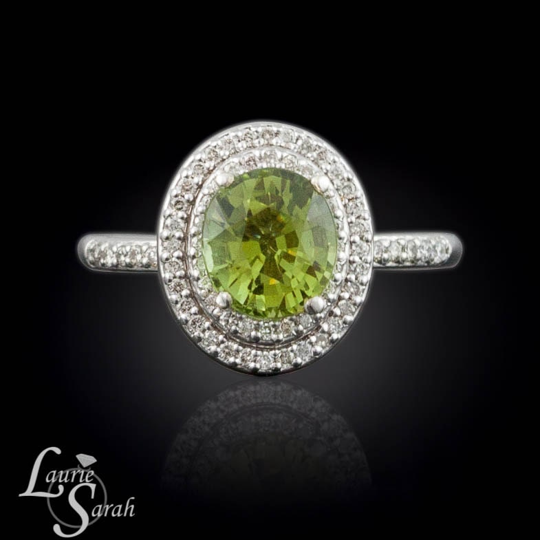 Halo Engagement Ring Olive Green Tourmaline by LaurieSarahDesigns