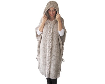 NEW! Plus Size Maxi Knitting Poncho with Hoodie - Over Size Tweed Beige Cable Knit by Afra