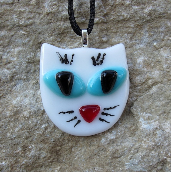 White Cat Face Pendant Fused Glass with Blue Eyes