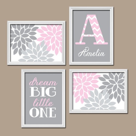 Girl Nursery Wall Art CANVAS or Prints PINK GRAY Nursery Baby