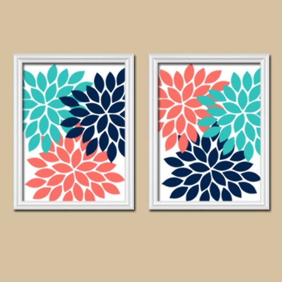 Coral Turquoise Navy Wall Art CANVAS or Prints Flower by TRMdesign