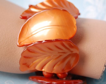 1950s Plastic Leaf Bracelet Orange Lucite As Is Vintage