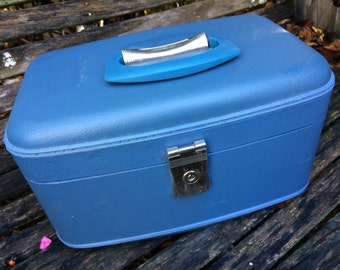 GREAT Vintage Blue Travel Joy Train Case Suitcase Luggage