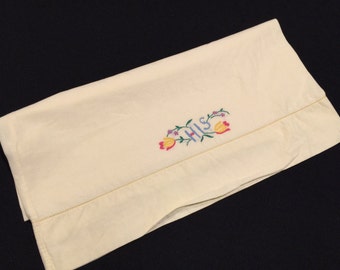 Vintage Single Orphaned Yellow Cotton HIS Pillowcase with Embroidery Flowers
