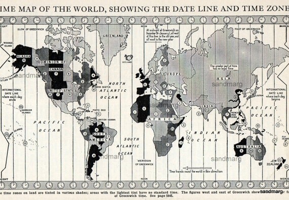 monde vintage carte date ligne fuseau horaire de greenwich