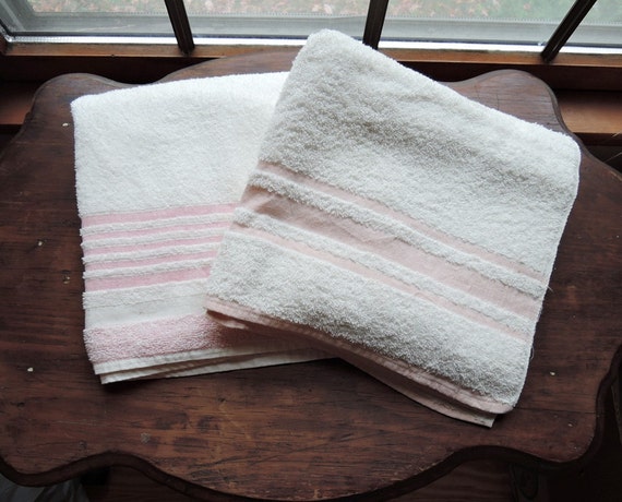 2 Vintage Pink Striped Bath Towels Cannon 1940s cotton