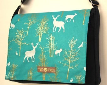 Black Teal GOLDEN FOREST Print MESSENGER Book Laptop Diaper Bag
