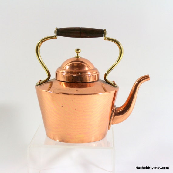Vintage Copper Teapot Wood Handle Colonial Style by BarnOwlGoods